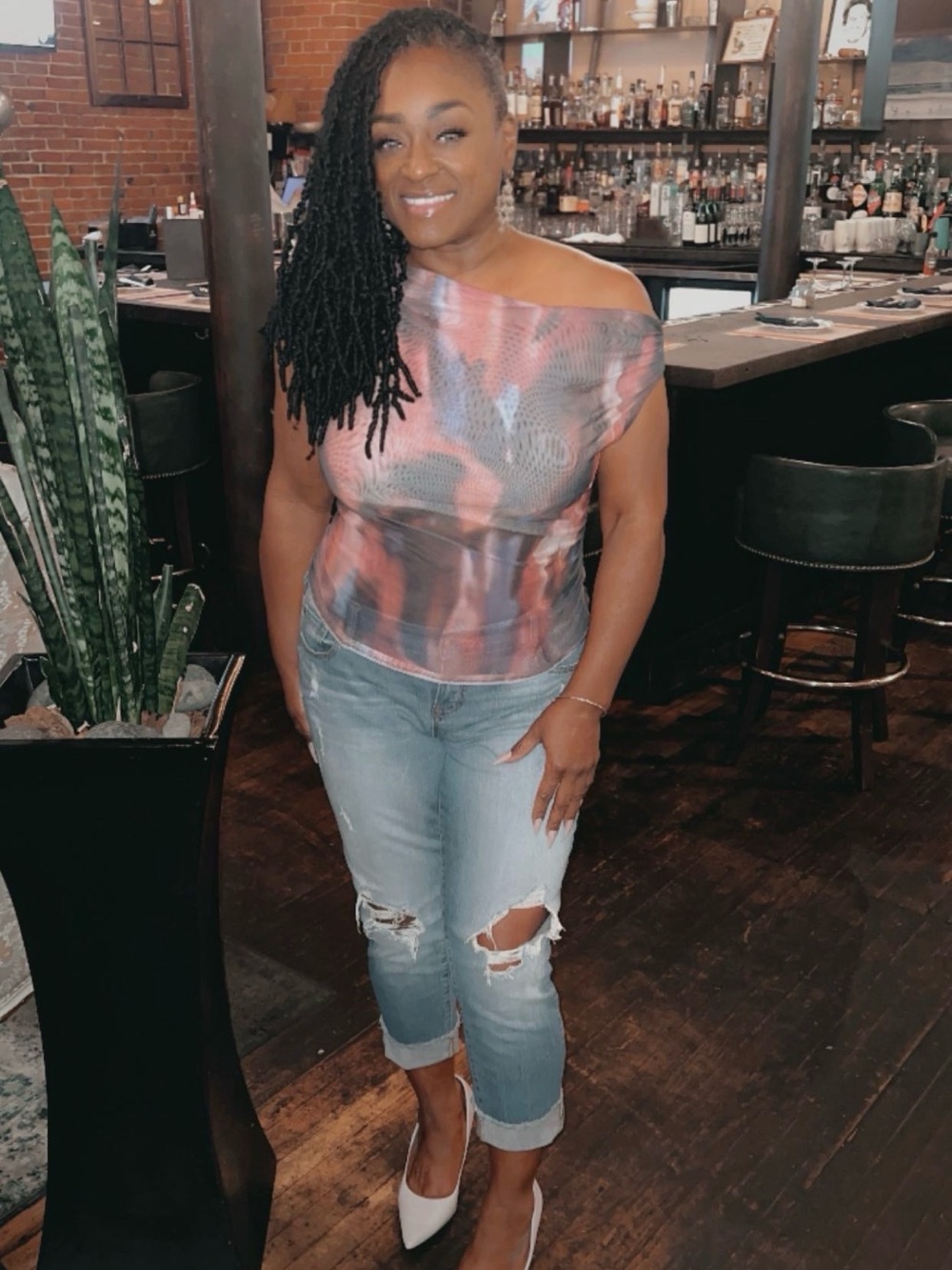 One-Shoulder Marble Print Top in Multi-Color - Picture 3 of 3